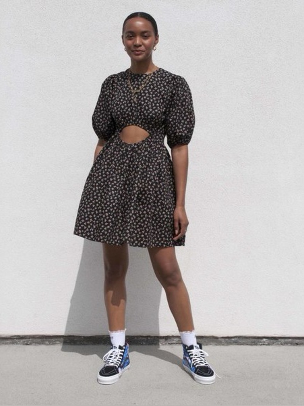 Sandy Liang “Stum” Cutout Puff-Sleeve Mini Dress - Black Floral